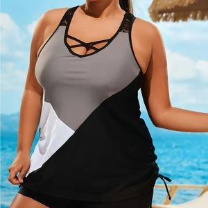 Plus Tankini Set, Women's Criss Cross Drawstring Tank Top & Shorts Swimsuit Set